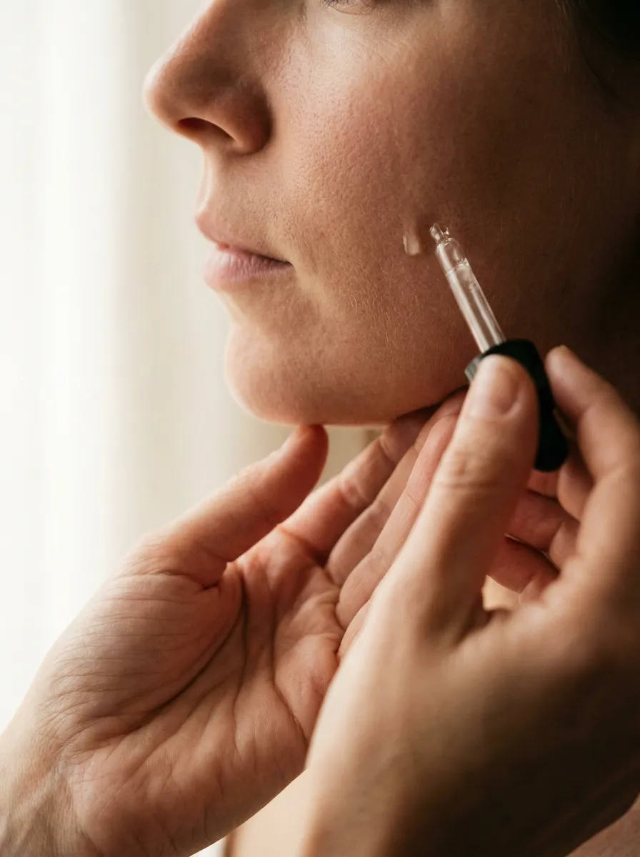 Kosmetische Behandlung mit Serum im warmen Licht