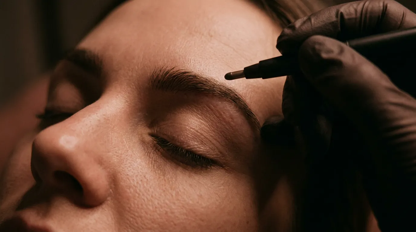 Permanent Make-up Behandlung der Augenbrauen in Nahaufnahme