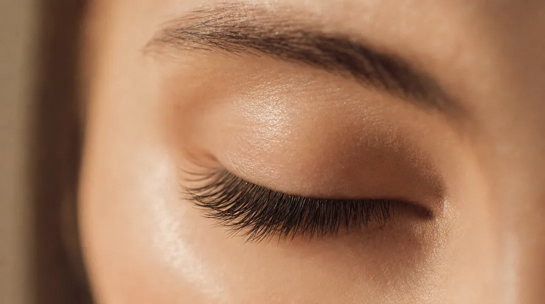 Natürliche Wimpern und gepflegte Augenbrauen in warmem Licht